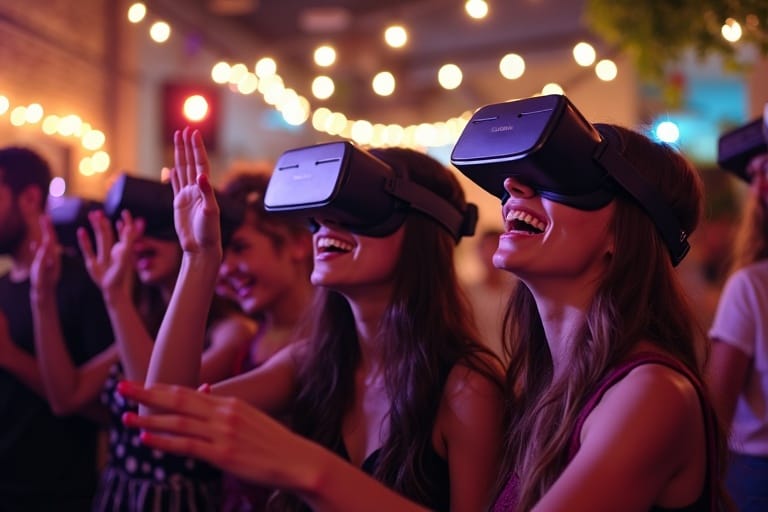 Adultos con gafas de realidad virtual en una fiesta