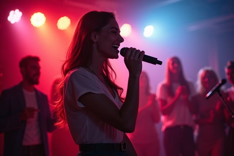 Adulto cantando en el karaoke profesional
