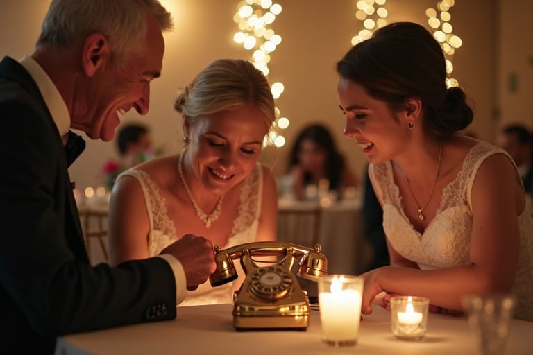 Familia usando el teléfono vintage en una boda